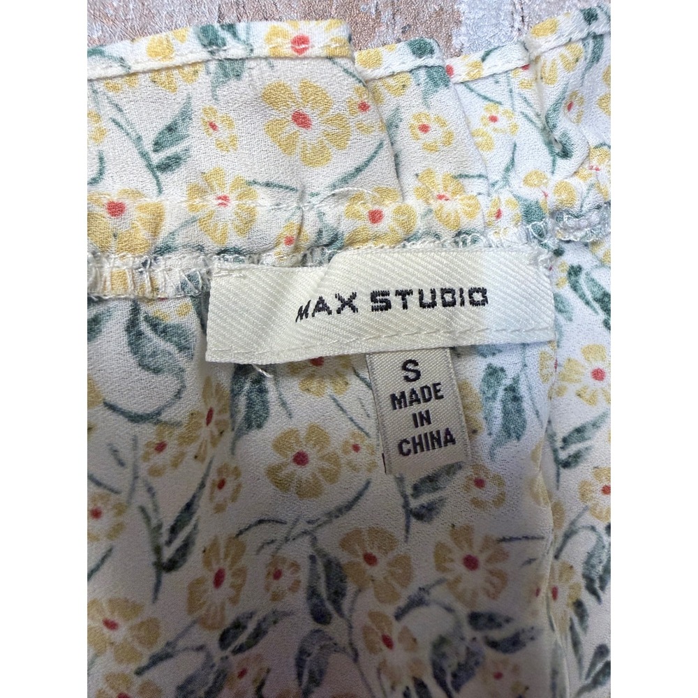 Max Studio Womens Yellow Floral Ruffle Tie Neck Flutter Sleeve Blouse Small - Picture 2 of 5